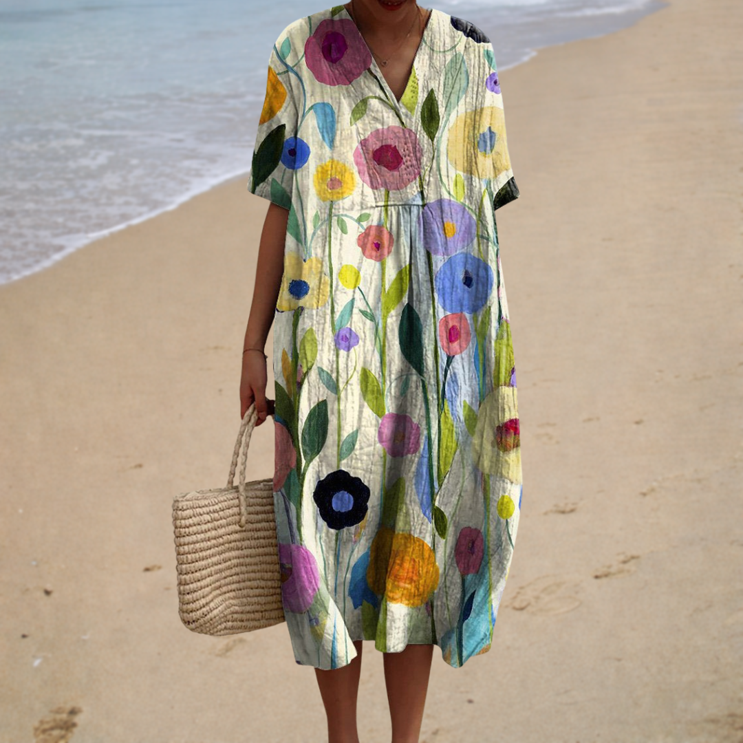 Watercolor Floral V-Neck Short Sleeve Midi Dress