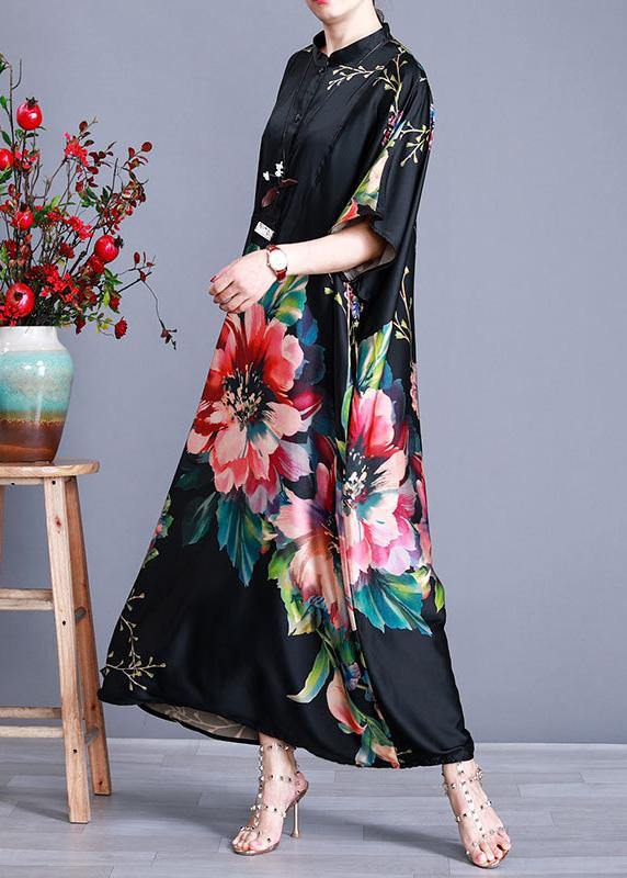 Floral Print Stand Collar Batwing Sleeve Oversized Kaftan Maxi Dress - View 3
