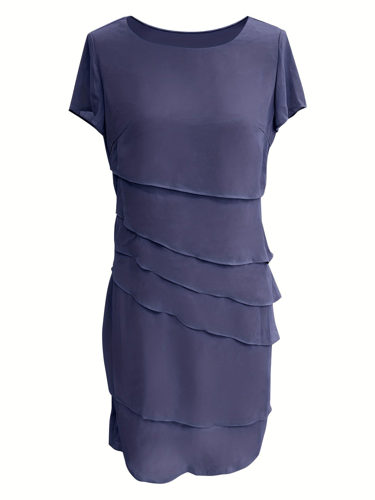 Cotton Layered Trim Round Neck Short Sleeve Midi Dress in Blue