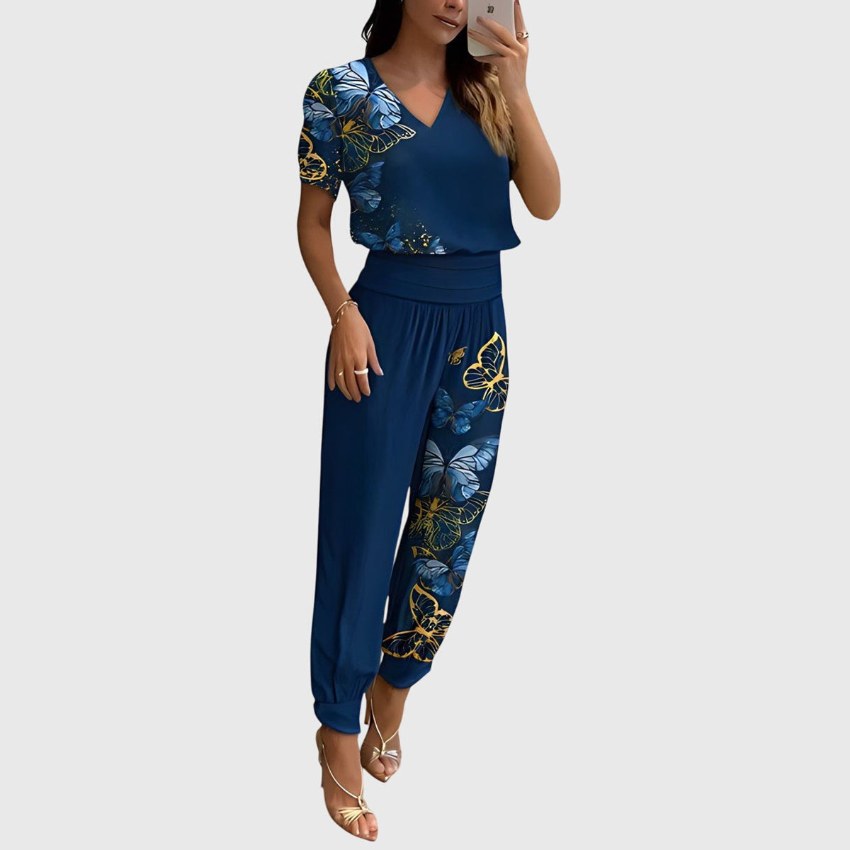 V-Neck Short Sleeve Top and Geometric Print Cuffed Pants Two Piece Set 3