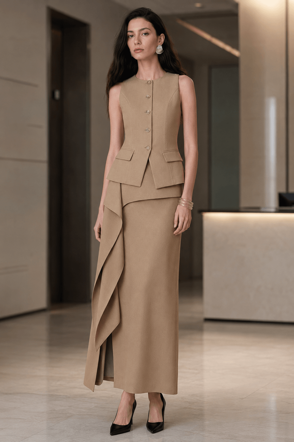 Ruffle Slit Skirt Two Piece Work Set