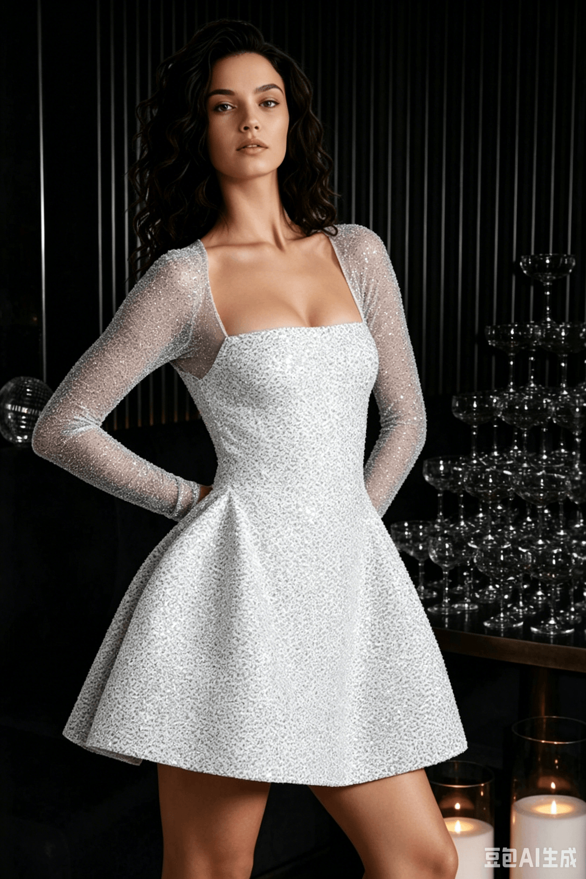 Sequin Long Sleeve Backless A-Line Mini Dress - View 2