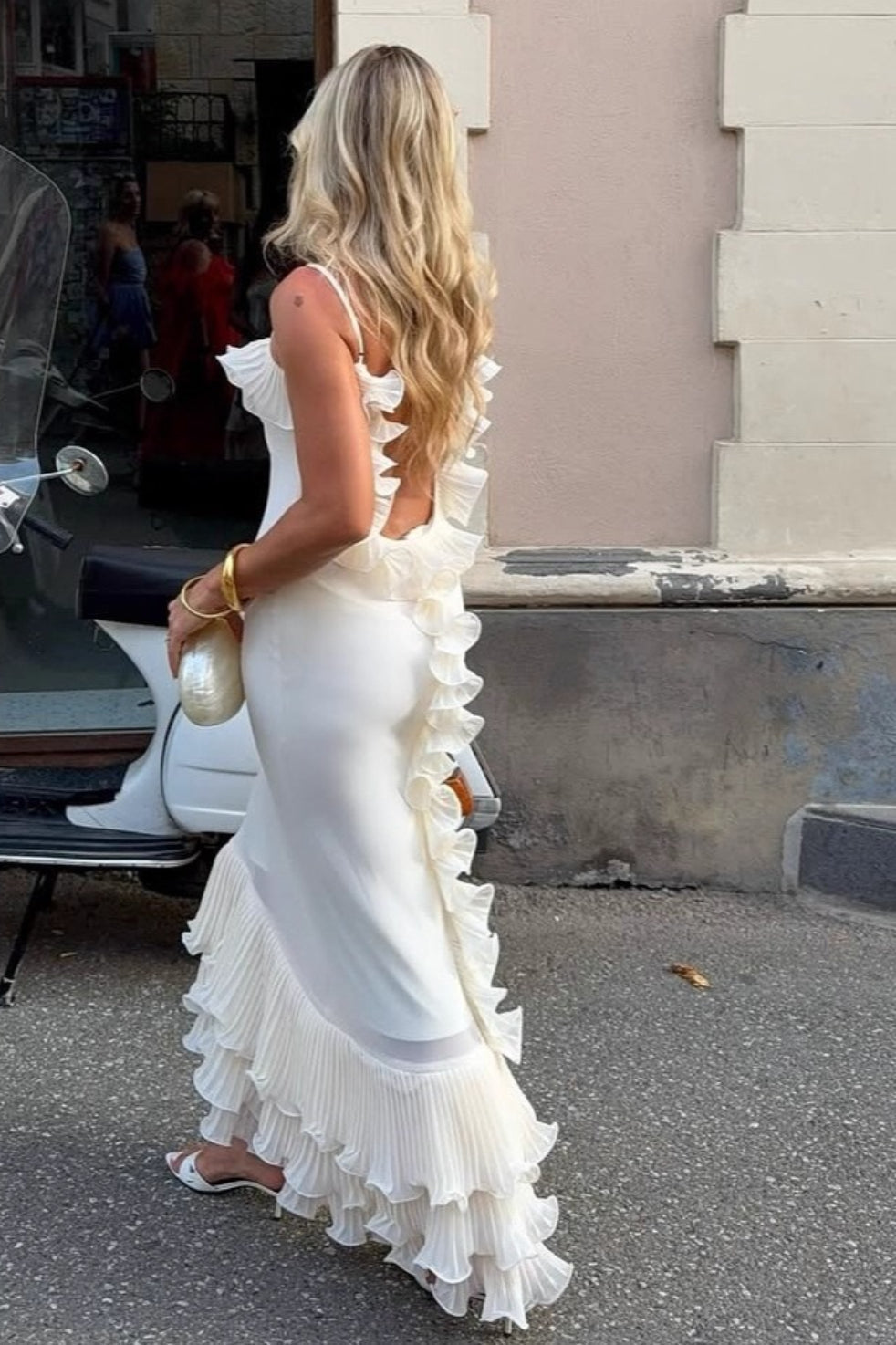 Spaghetti Strap Scoop Neck Ruffle Tiered Hem Satin Maxi Dress 3