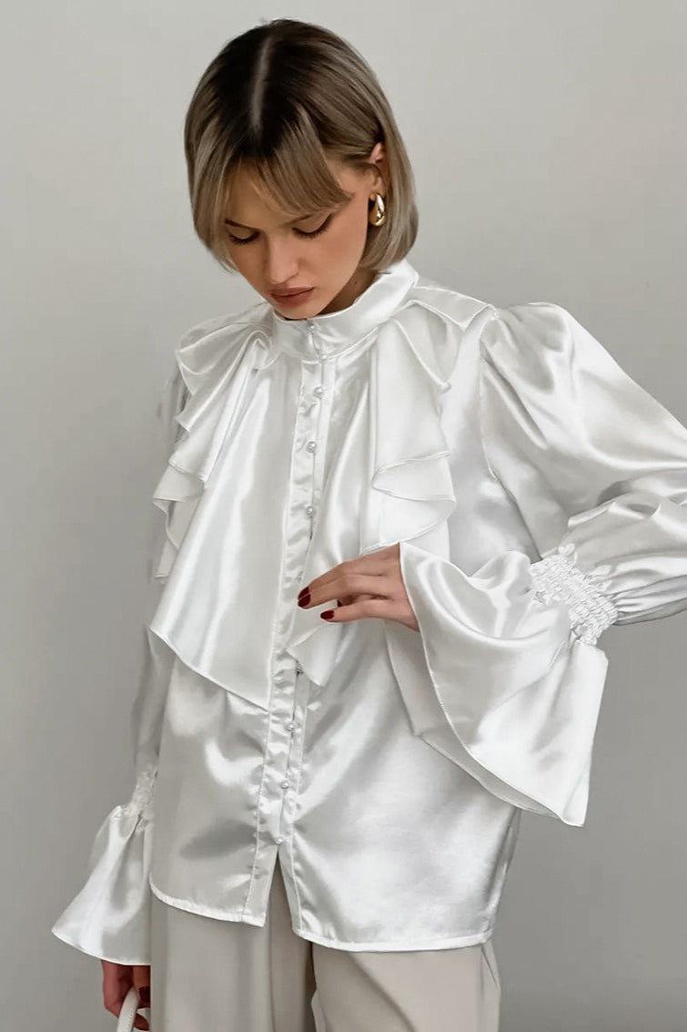 Satin Flare Sleeve Button Blouse
