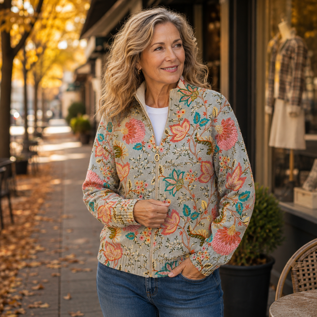 Floral Print Zip Front Ribbed Knit Bomber Jacket 2