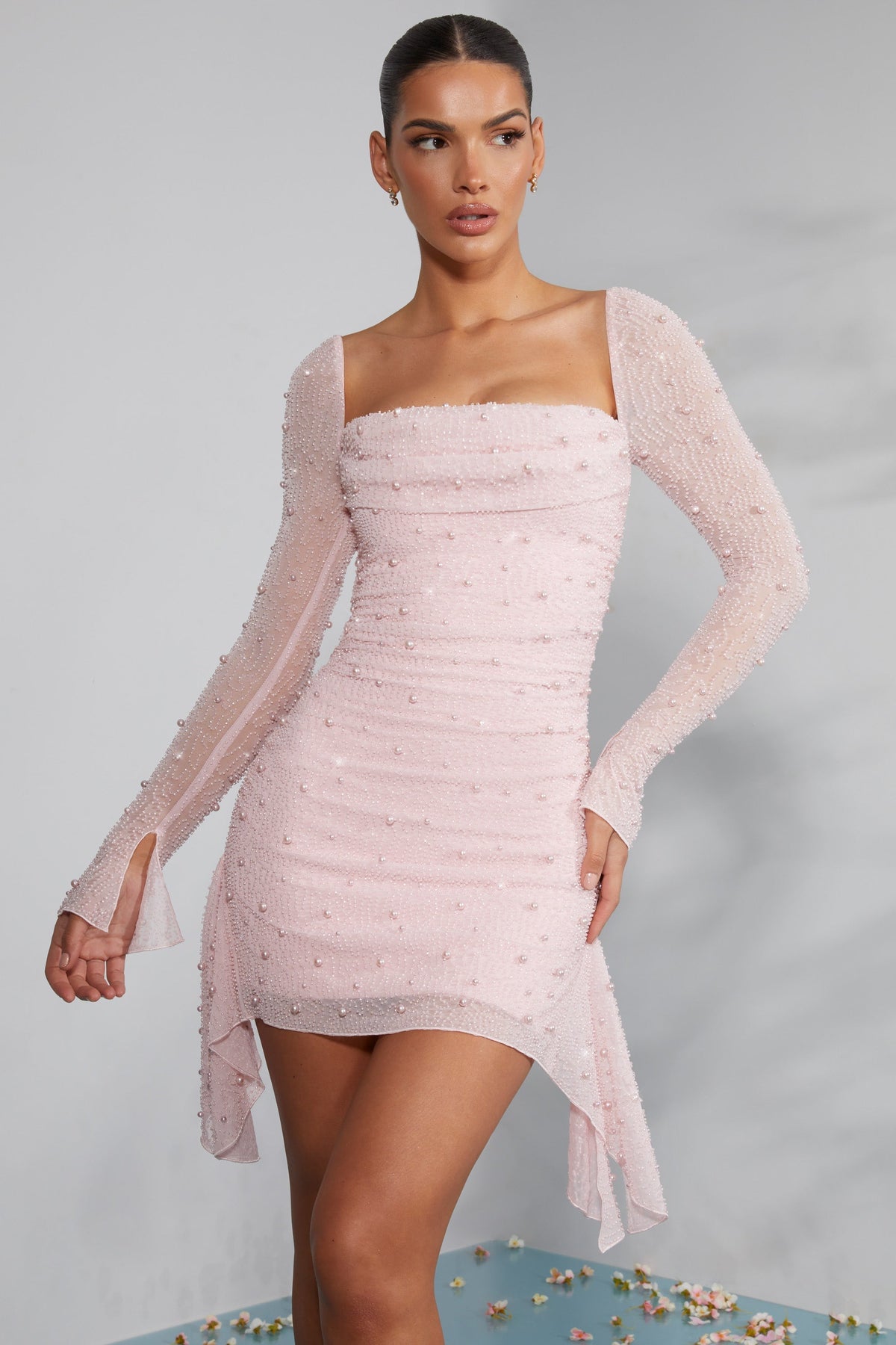 Pearl Embellished Square Neck Long Sleeve Ruched Mesh Mini Dress - View 7