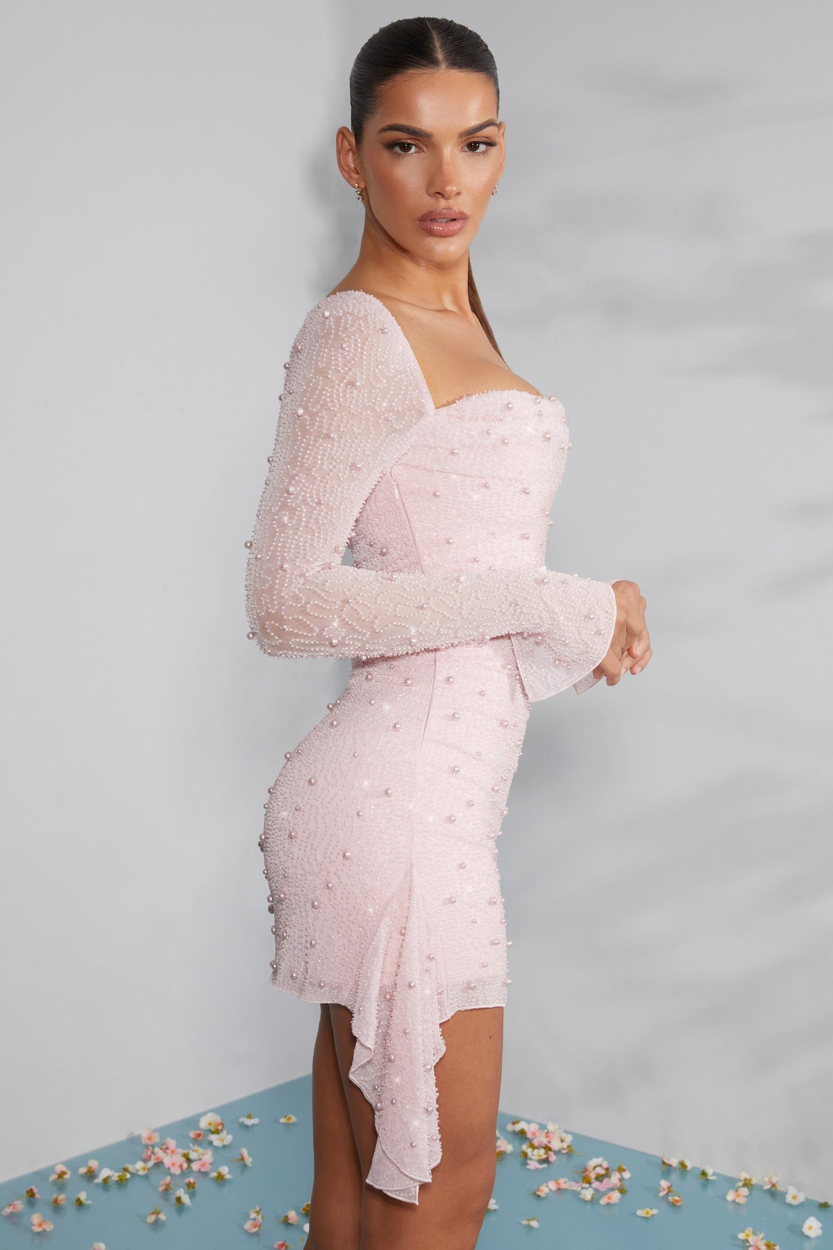 Pearl Embellished Square Neck Long Sleeve Ruched Mesh Mini Dress - View 3