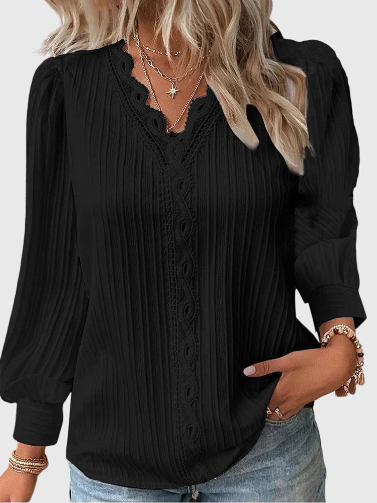 V-Neck Long Sleeve Lace Trim Pleated Blouse 6