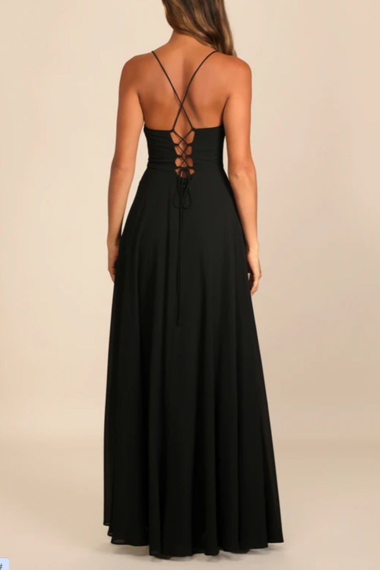 Chiffon Cowl Neck Lace Up Back High Split Maxi Dress - View 12