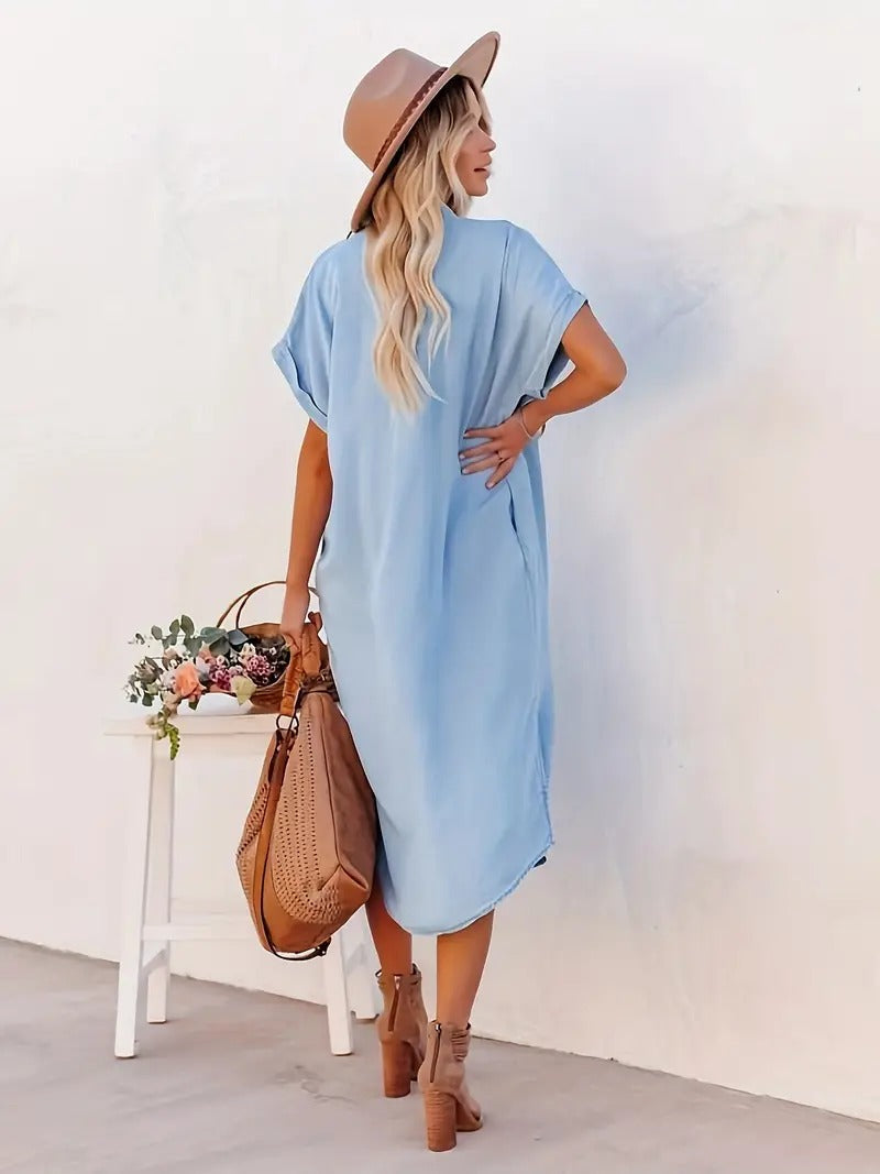 Denim Collar Button Front Short Sleeve Pocket Midi Shirt Dress - View 2