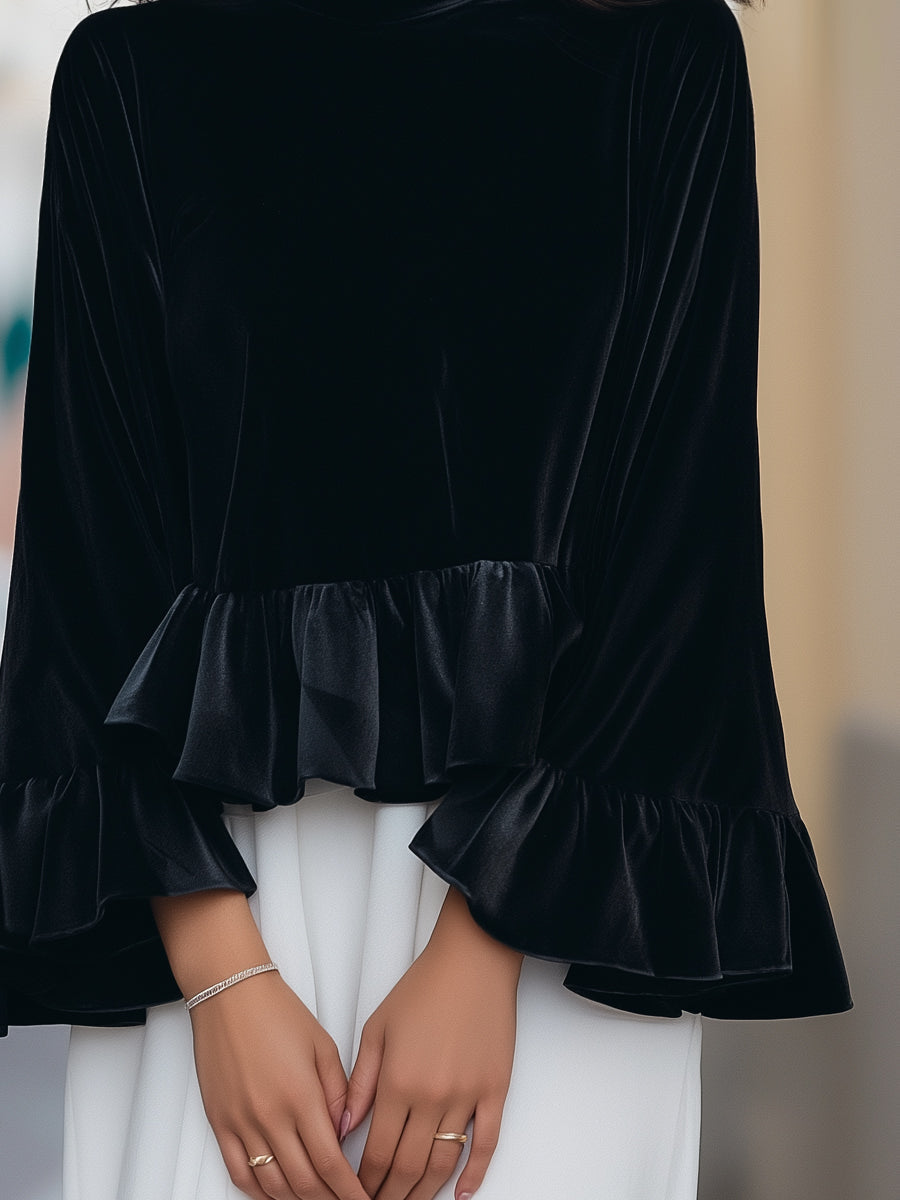 Mock Neck Bell Sleeve Velvet Ruffle Hem Top 4