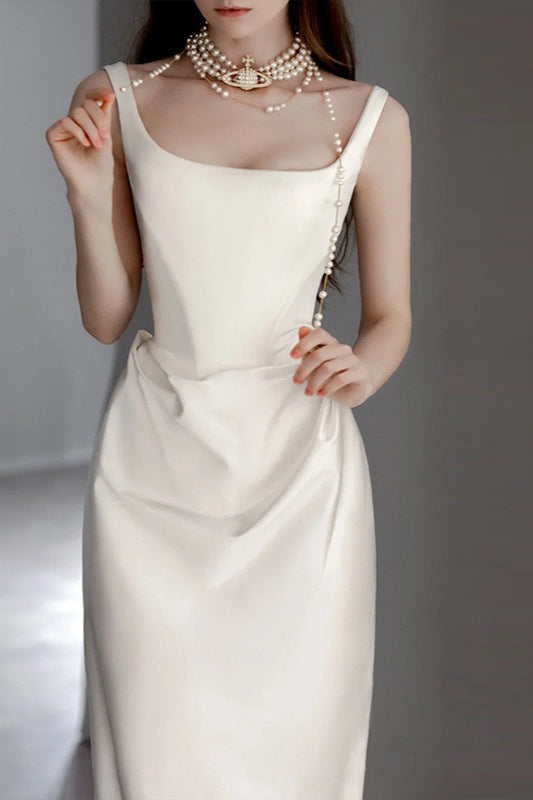 Satin Square Neck Ruched Draped Sweep Train Maxi Prom Gown - View 3