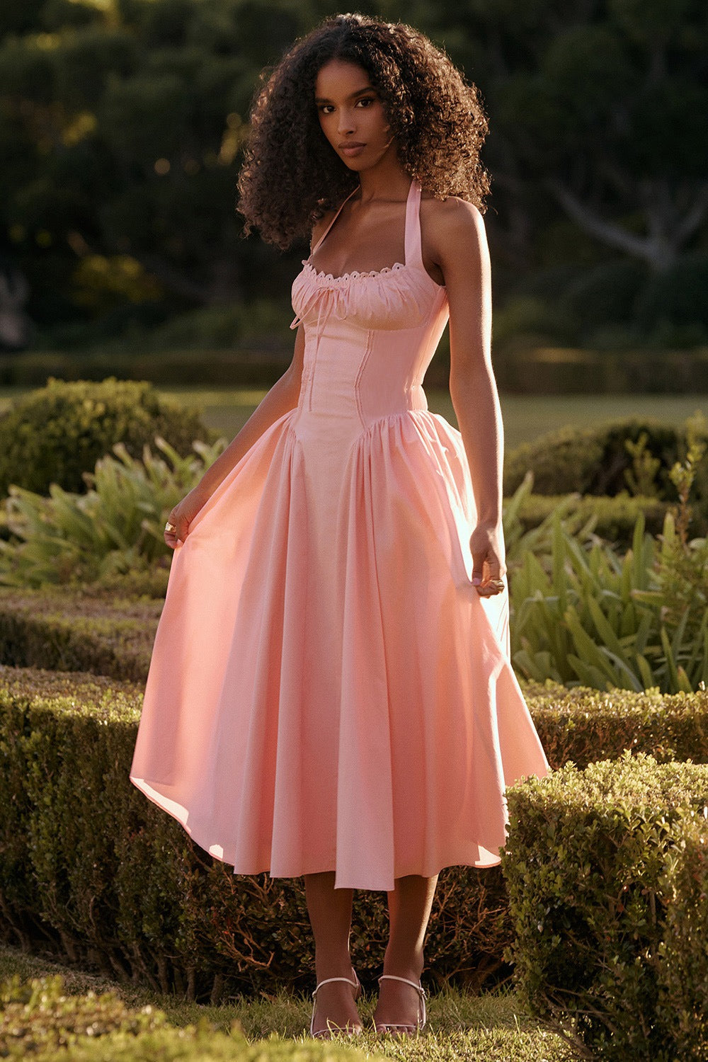 Halter Neck Ruched Corset Fit and Flare Midi Dress