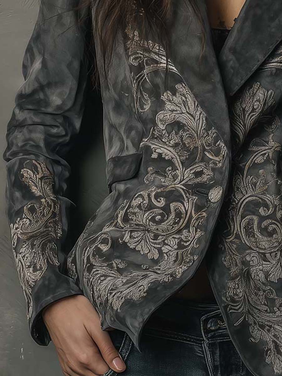 Floral Embossed Suede Look Single Button Blazer 4