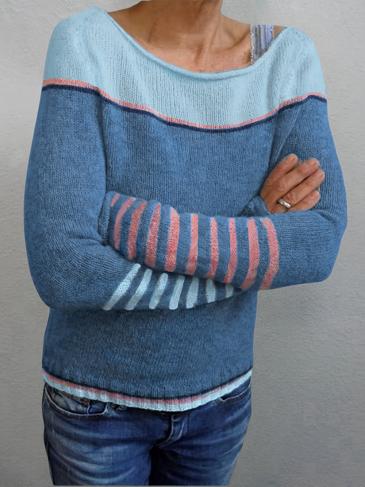Boat Neck Long Sleeve Striped Lightweight Knit Sweater 4