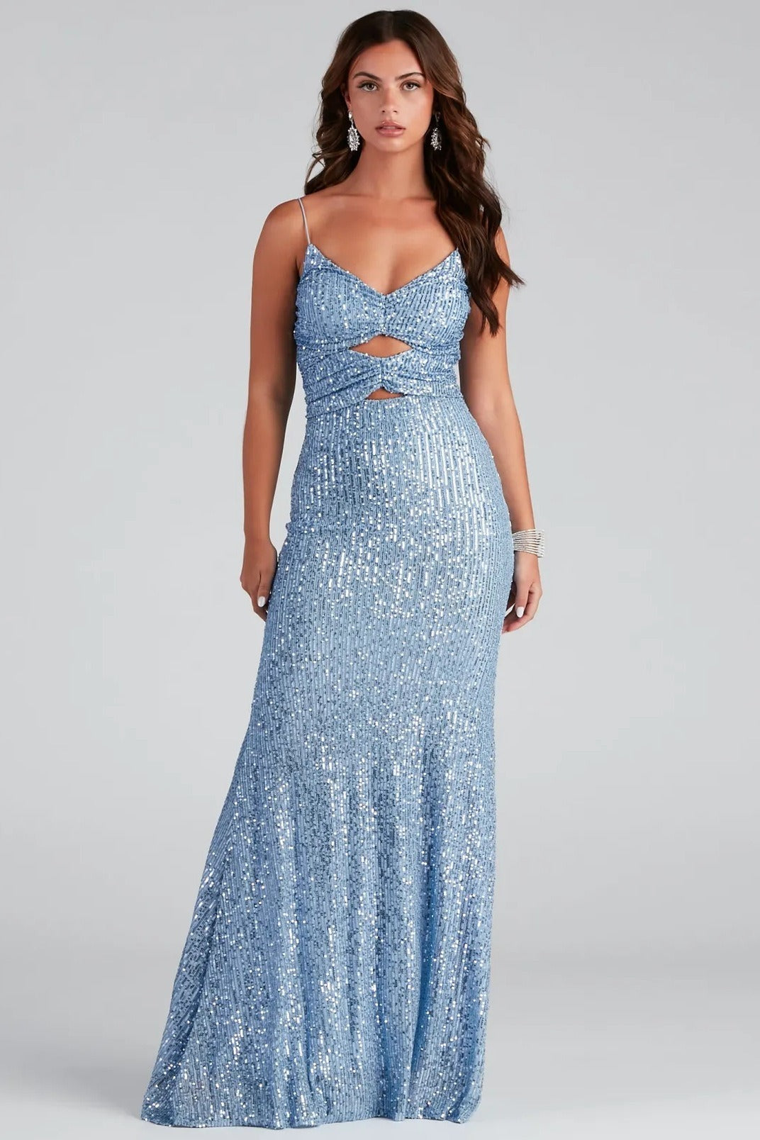 Sequin V-Neck Spaghetti Strap Cut Out Mermaid Maxi Gown