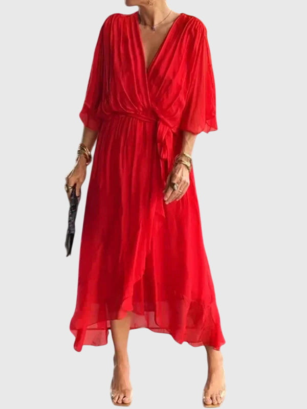 Chiffon V-Neck Batwing Sleeve Belted High Low Midi Dress 9