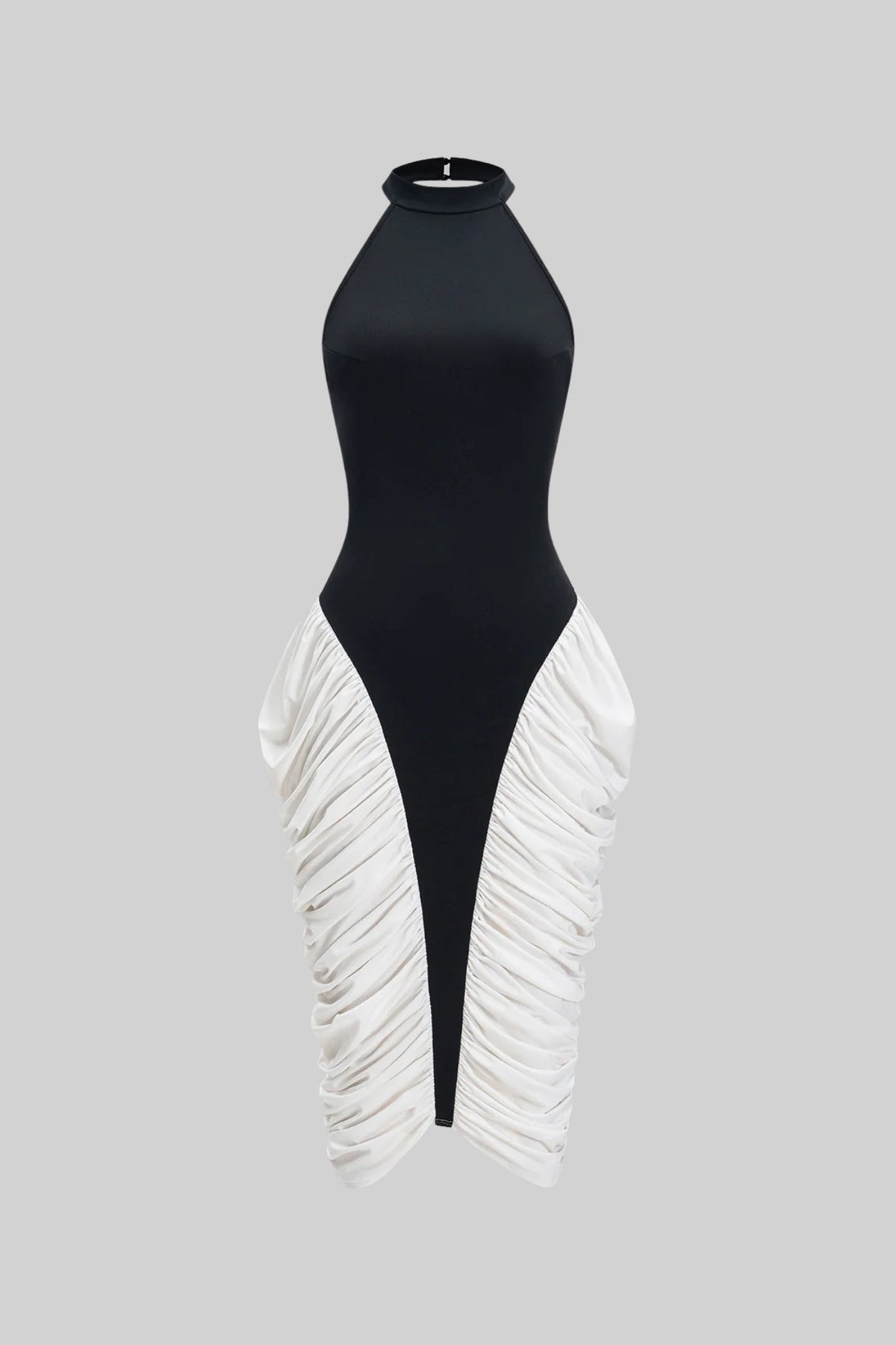 Two-Tone Ruched Halter Midi Dress – Black & White - View 2