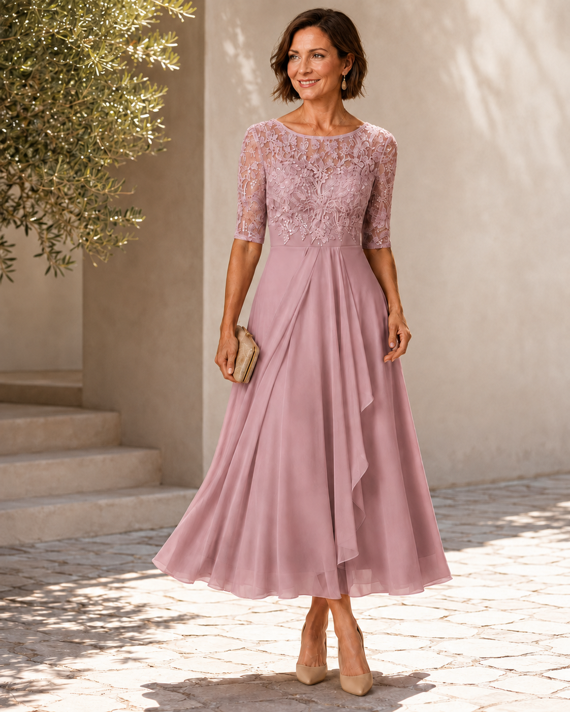 Lace Bodice Short Sleeve Draped Chiffon Tea Length Dress 2