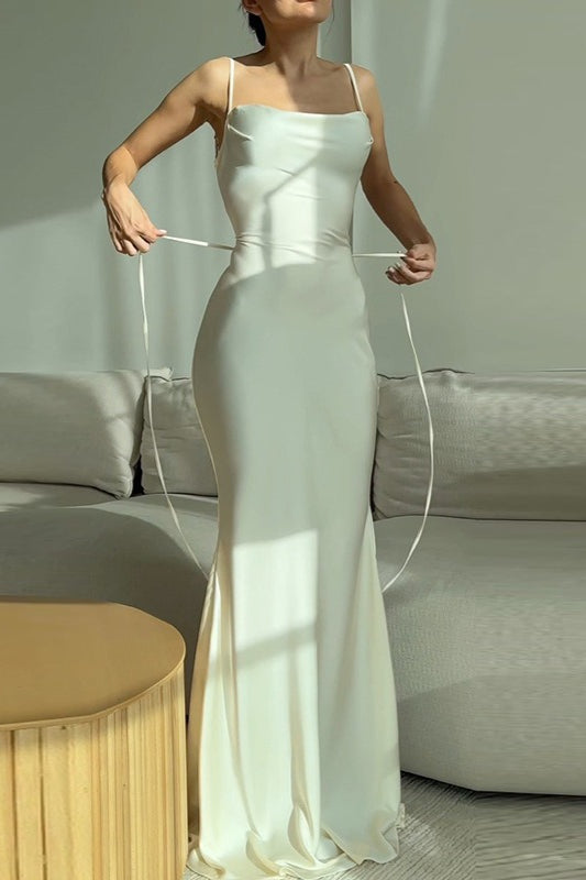 Satin Cowl Neck Spaghetti Strap Slim Maxi Prom Dress - View 6