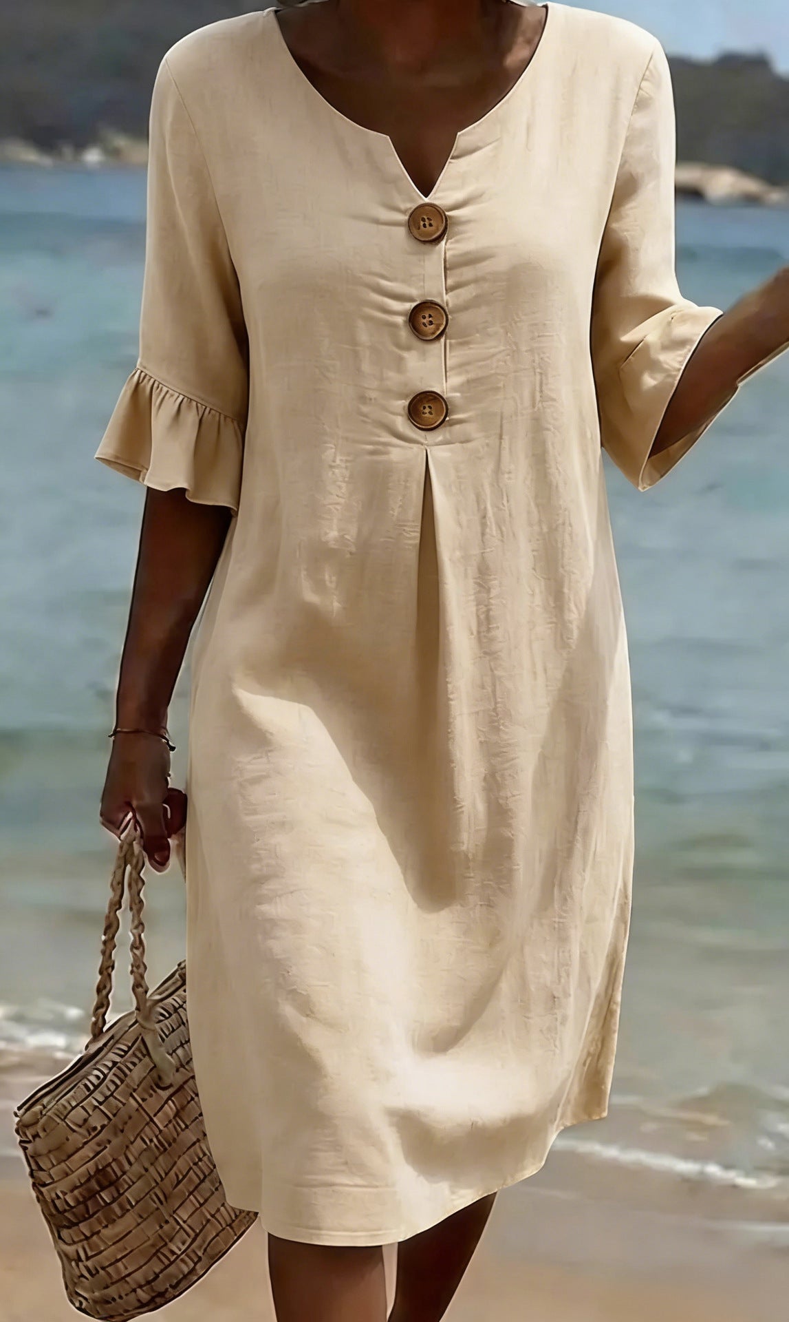 Notch Neck Button Front Ruffle Sleeve Linen Midi Dress