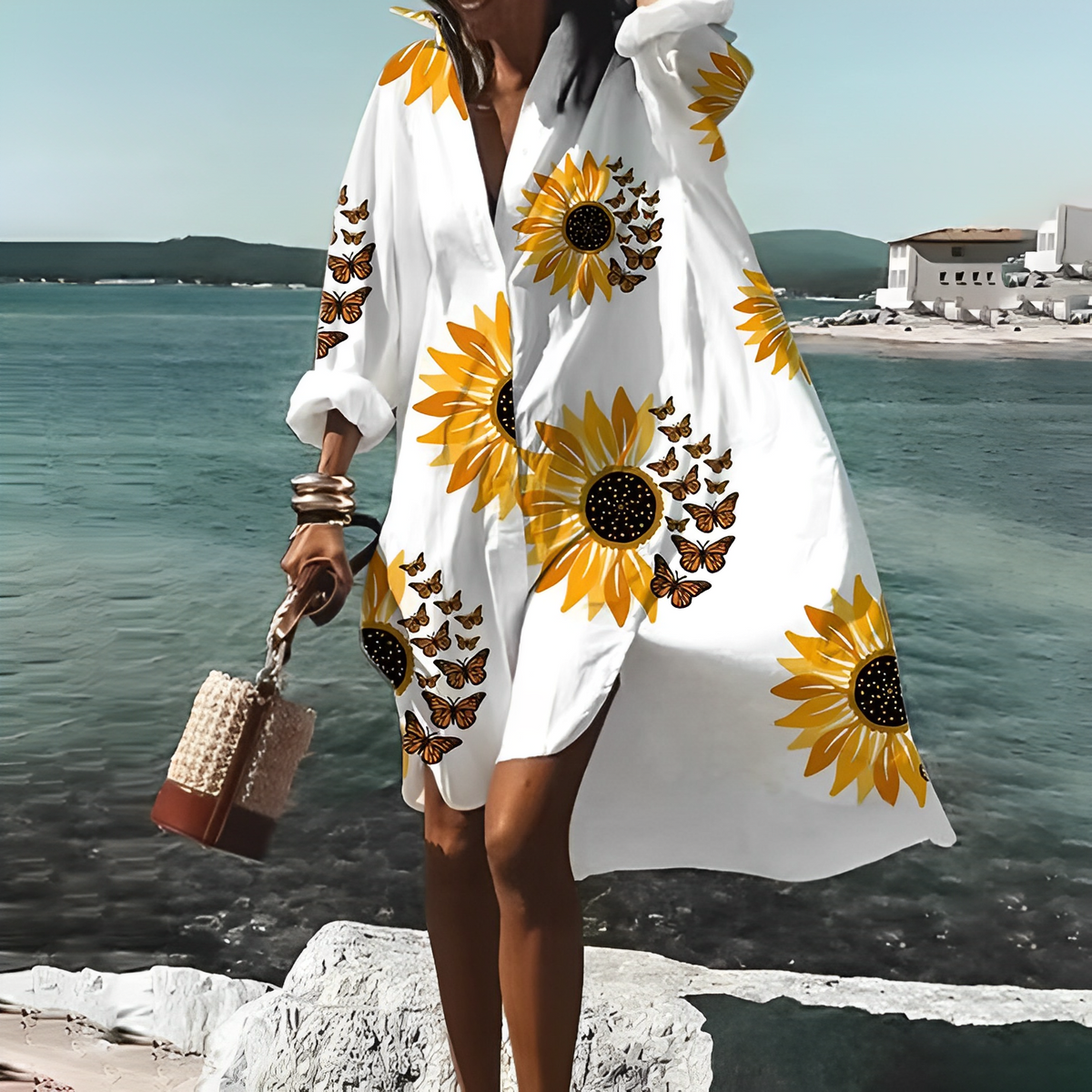 Oversized Lapel Collar Button Down Long Sleeve Shirt Mini Dress - View 4