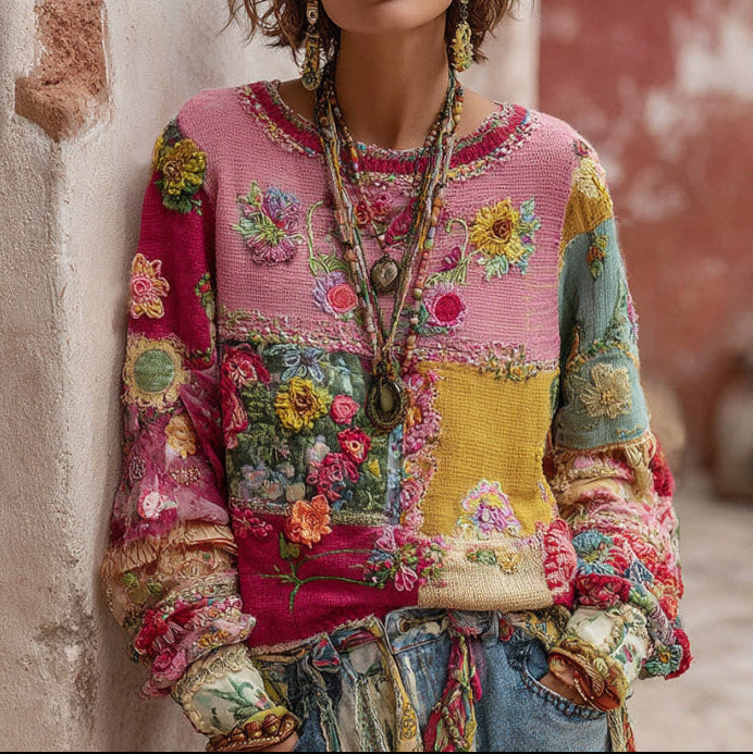 Floral Patchwork Embroidered Crew Neck Knit Sweater 2