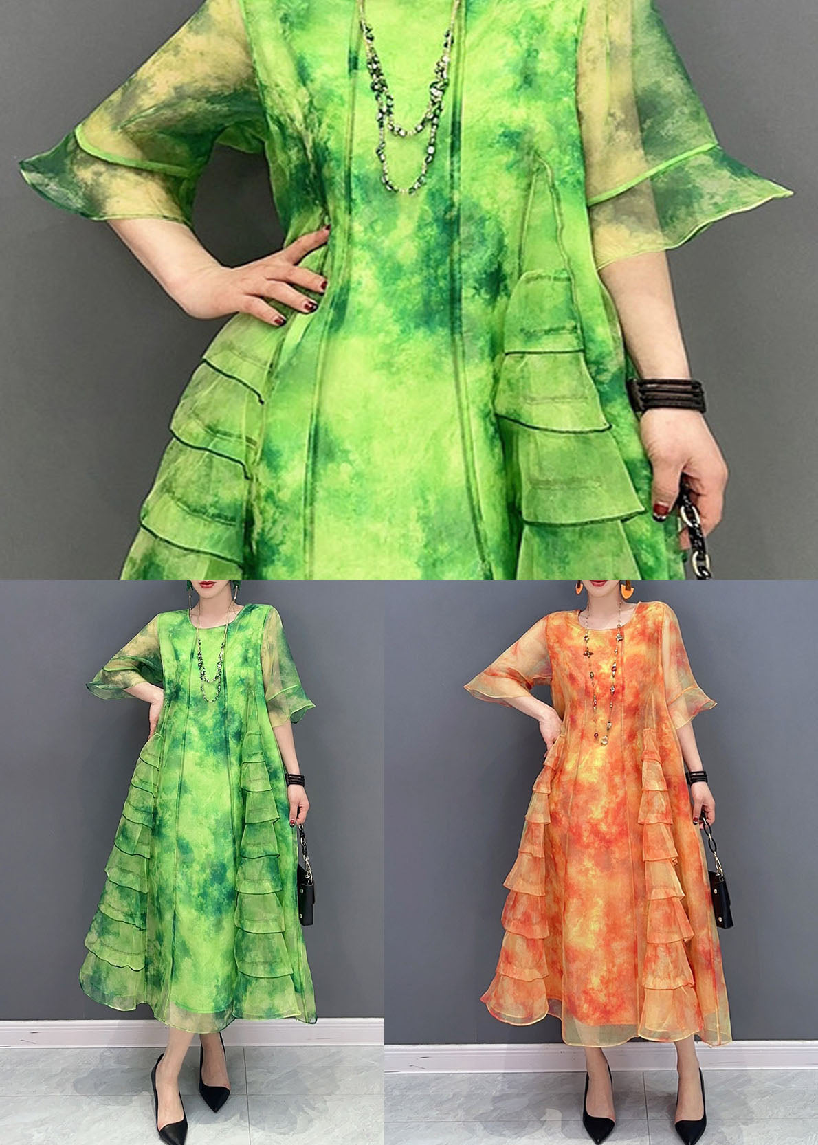 Tie Dye Round Neck Ruffle Sleeve Tiered Ruffle Chiffon Midi Dress - View 5