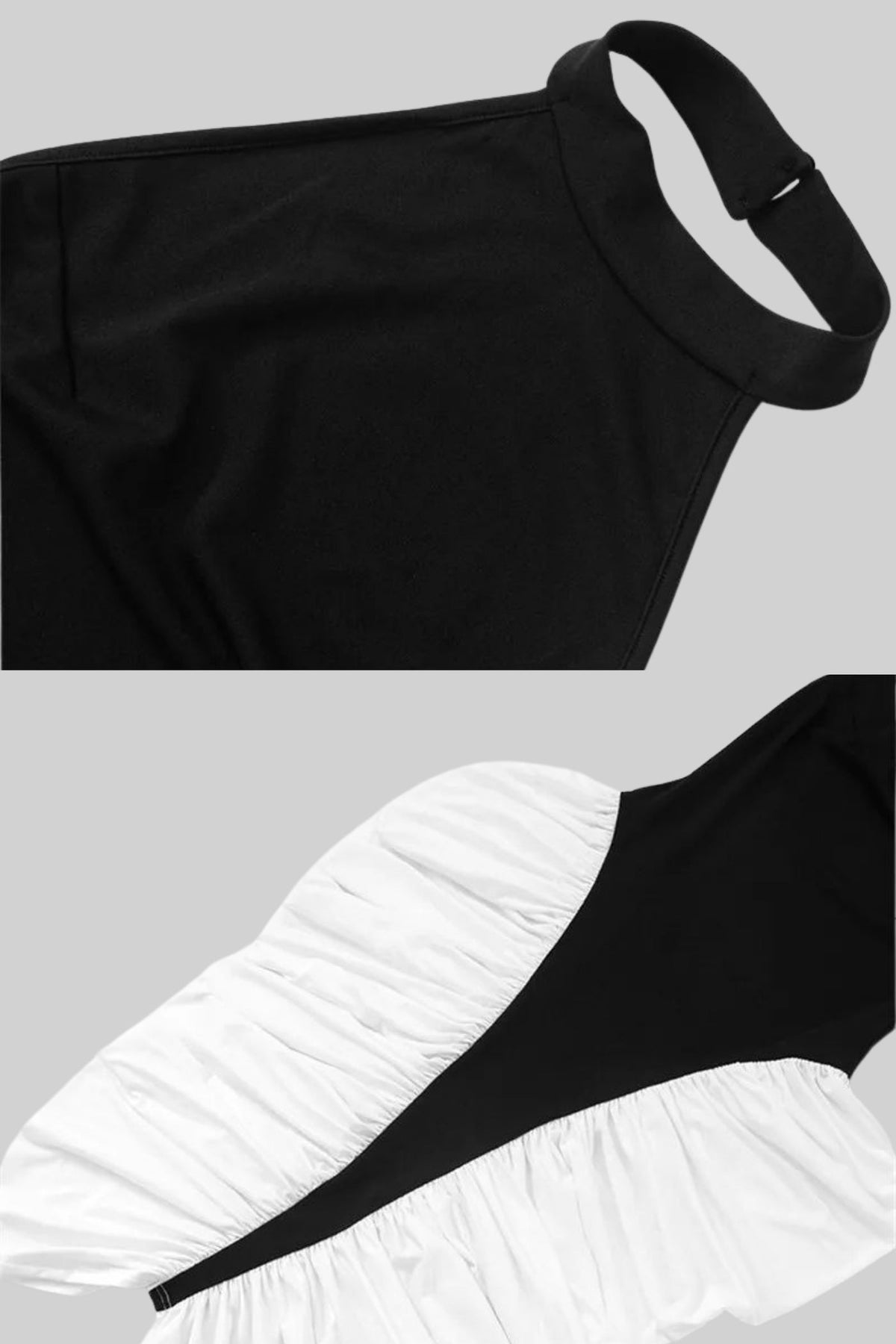 Two-Tone Ruched Halter Midi Dress – Black & White - View 4