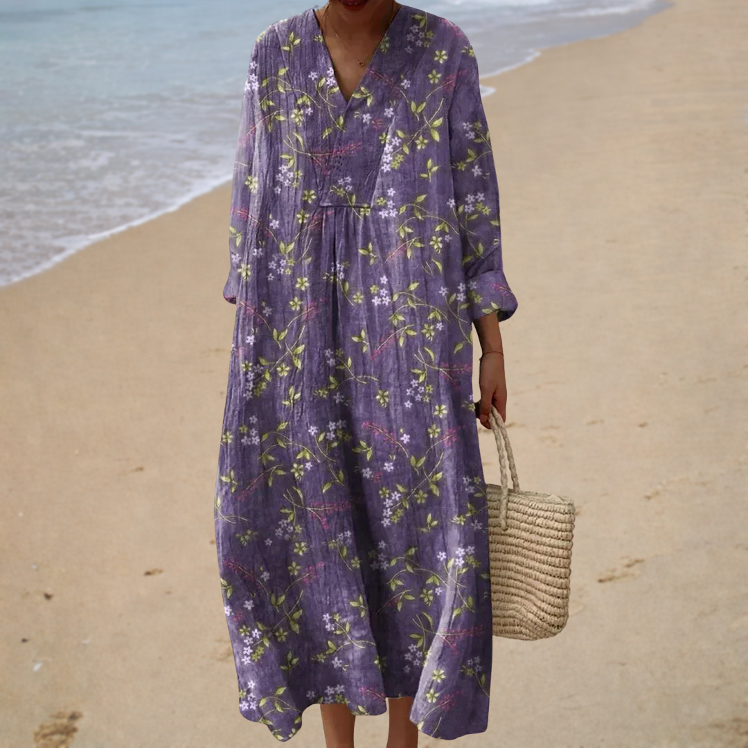 V-Neck Long Sleeve Ditsy Floral Print Maxi Dress