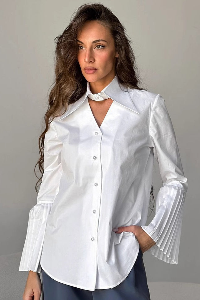 Pintuck Flare Sleeve Cotton Blouse