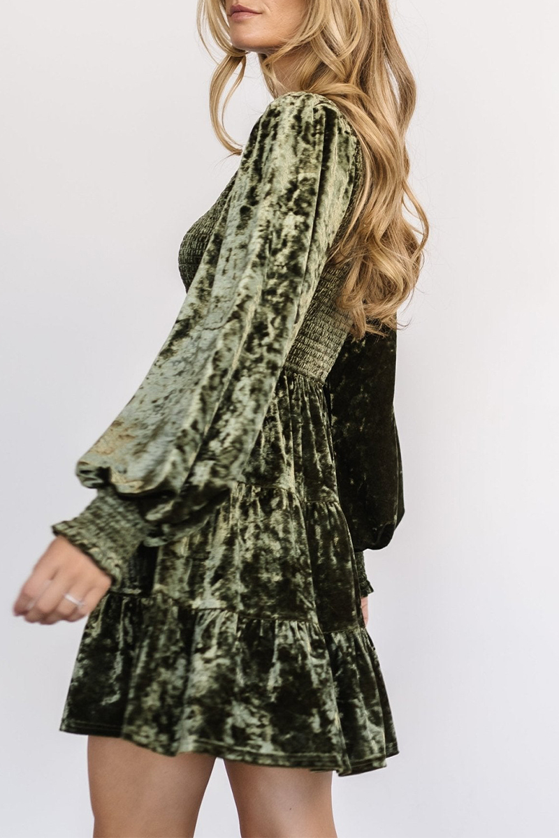 Crew Neck Long Sleeve Smocked Tiered Velvet Mini Dress 10
