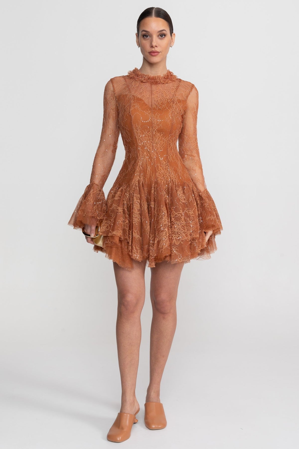 Sheer Lace Long Sleeve Mini Dress With Ruffled Hem - Rust - View 3