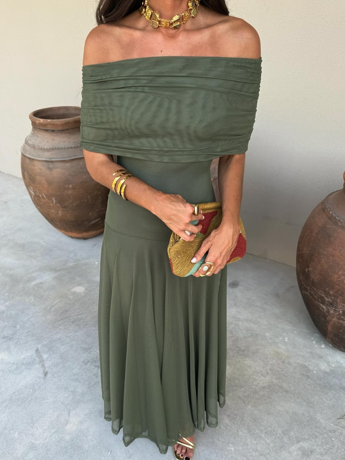 Off Shoulder Ruched Draped Fit and Flare Maxi Dress 5