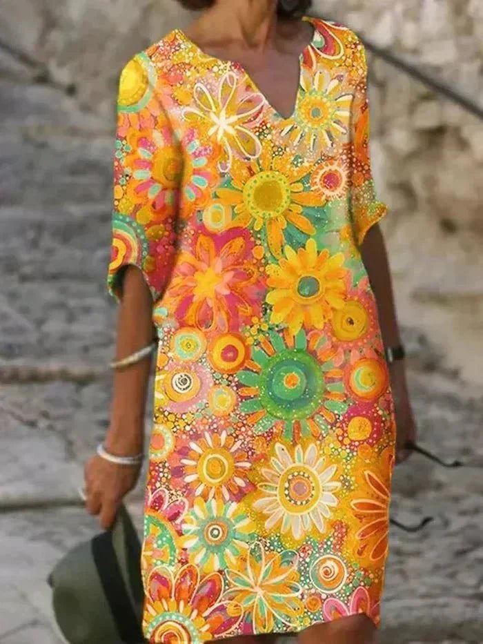 Bold Floral Print Notch Neck Shift Dress 2