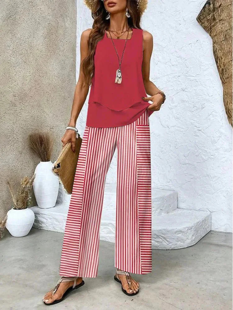 Sleeveless Layered Top and Floral Wide Leg Pants Two Piece Set 7