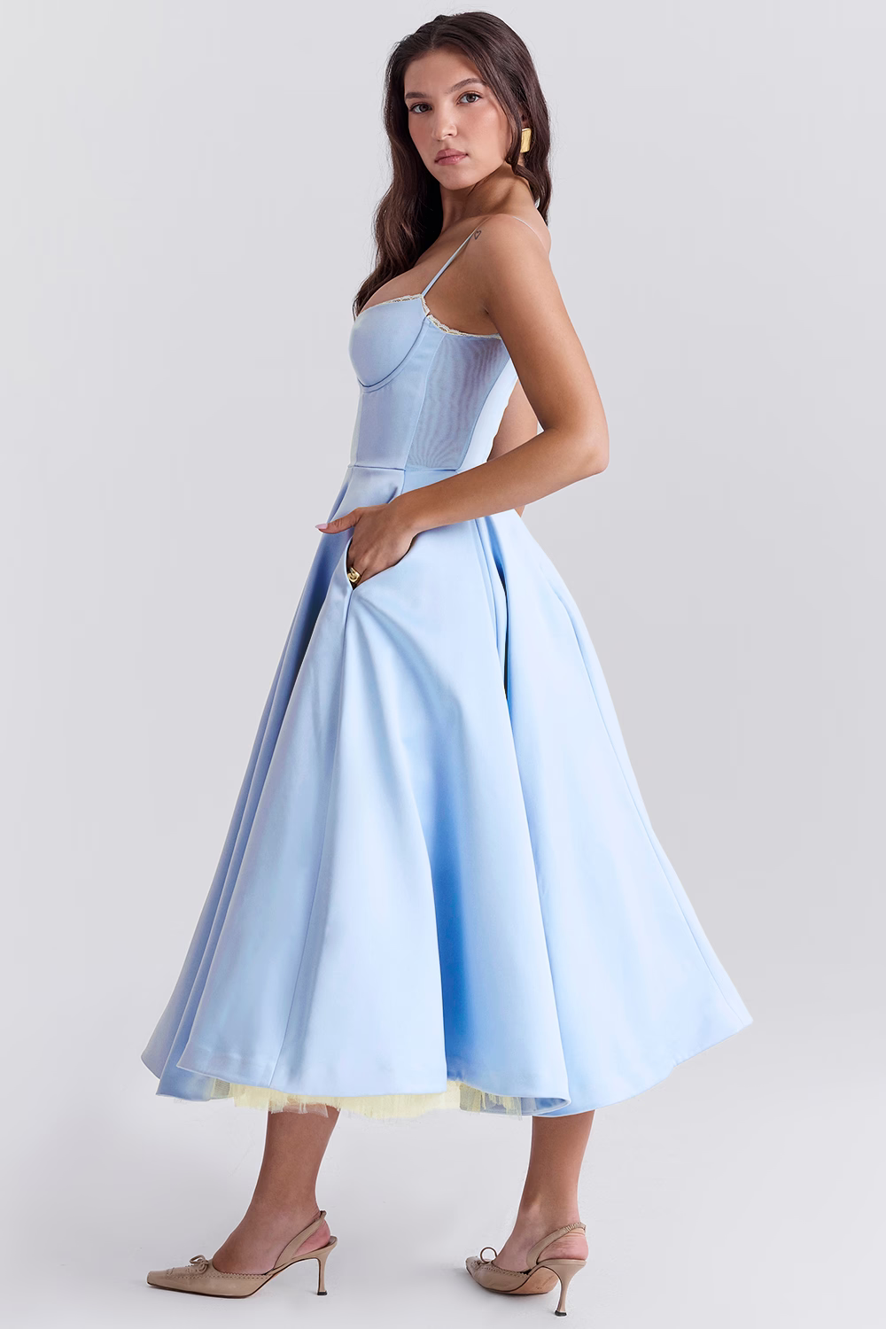 Satin Bustier Sweetheart Lace Trim Pleated Fit and Flare Midi Dress - View 3