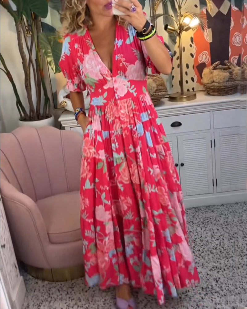 Floral Print Deep V-Neck Puff Sleeve Empire Waist Maxi Dress