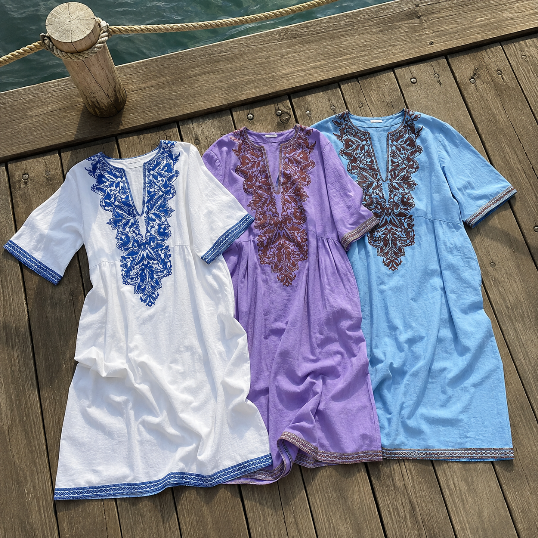 Floral Embroidery Notch Neck Short Sleeve Linen Look Kaftan Maxi Dress 6