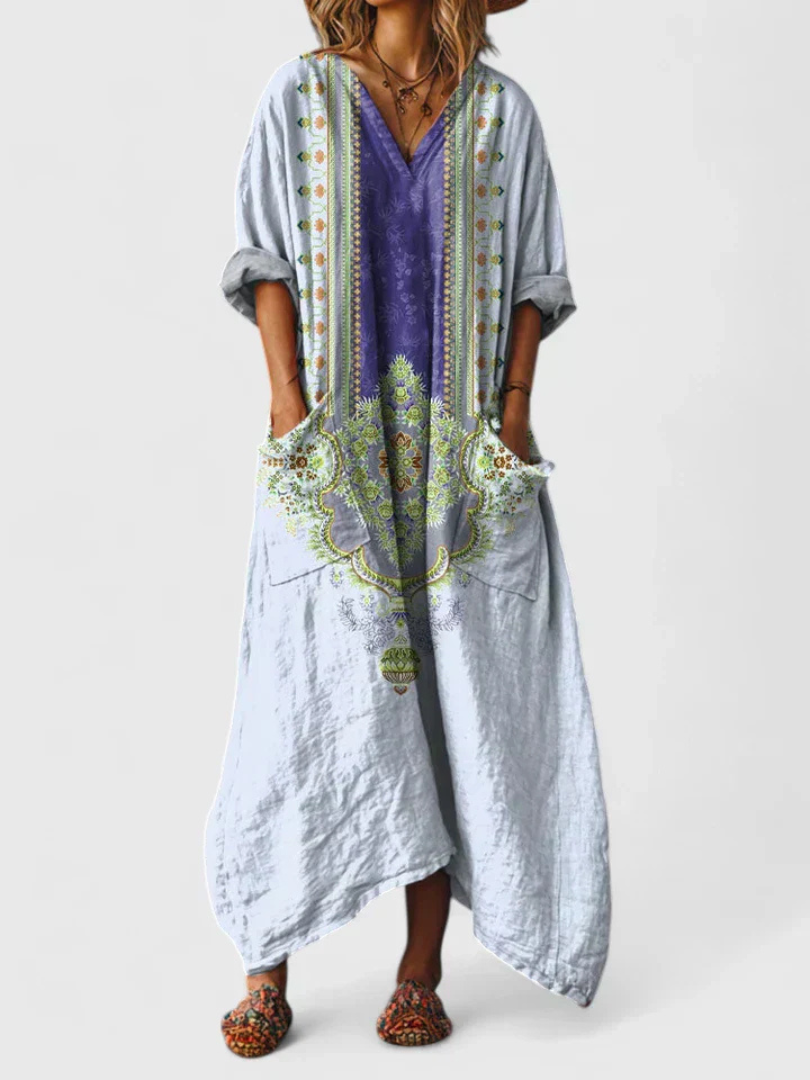 Abstract Print V-Neck Roll Sleeve Kaftan Maxi Dress 6