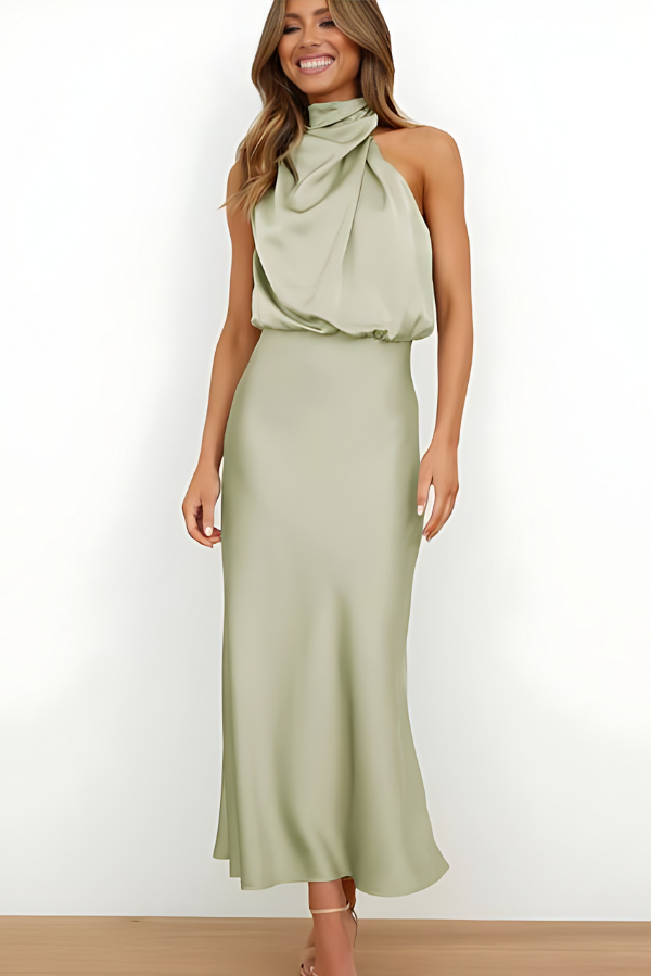 Satin Halter Neck Cowl Drape Sleeveless Column Maxi Gown - View 6