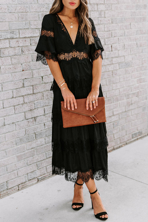 V-Neck Short Sleeve Lace Trim Tiered Boho Maxi Dress 3