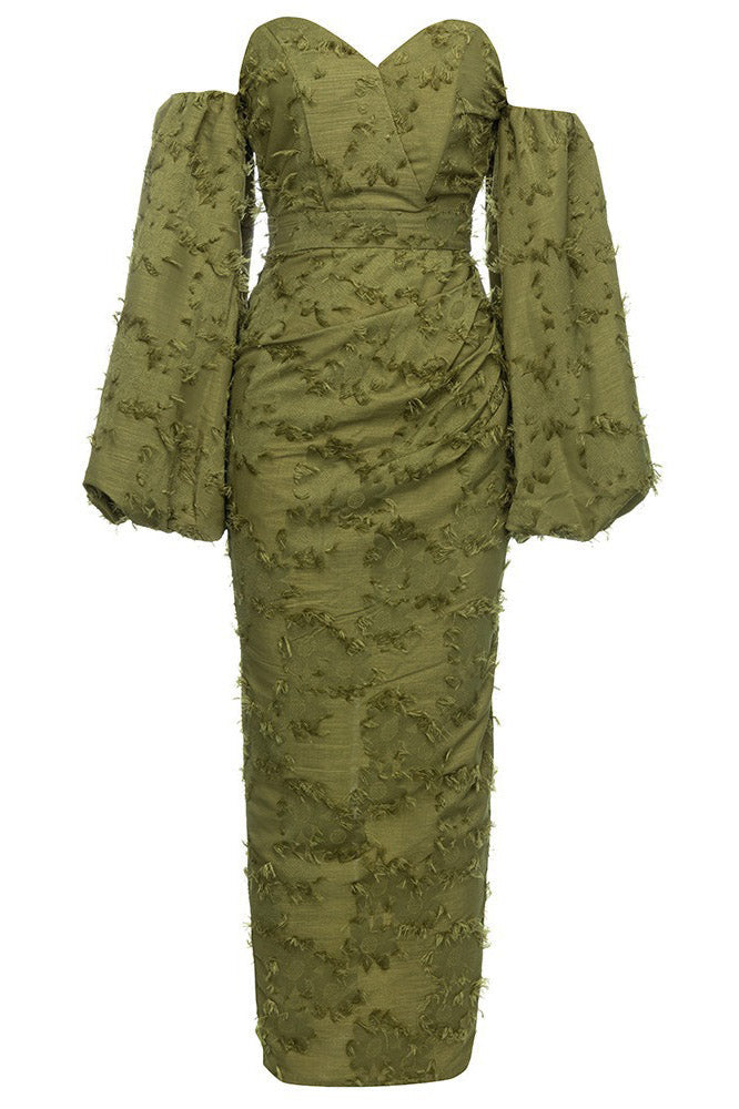 Knit Off Shoulder Puff Sleeve Textured Fringe Back Split Maxi Dress - View 3