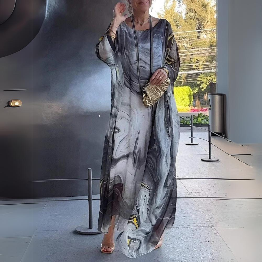 Marble Print Batwing Sleeve Kaftan Maxi Dress - View 5