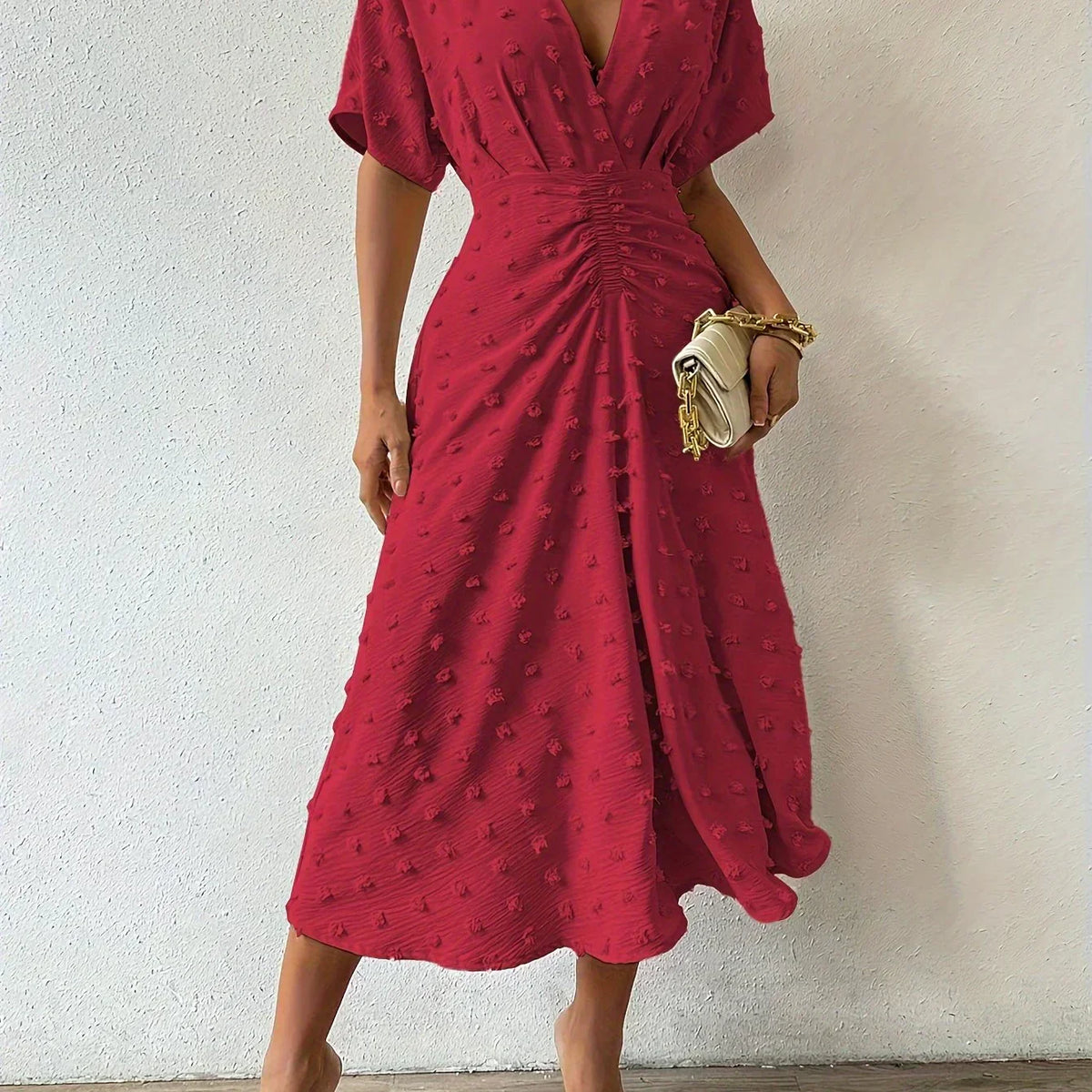 Swiss Dot Flutter Sleeve Pleated Back A-Line Midi Dress - View 7