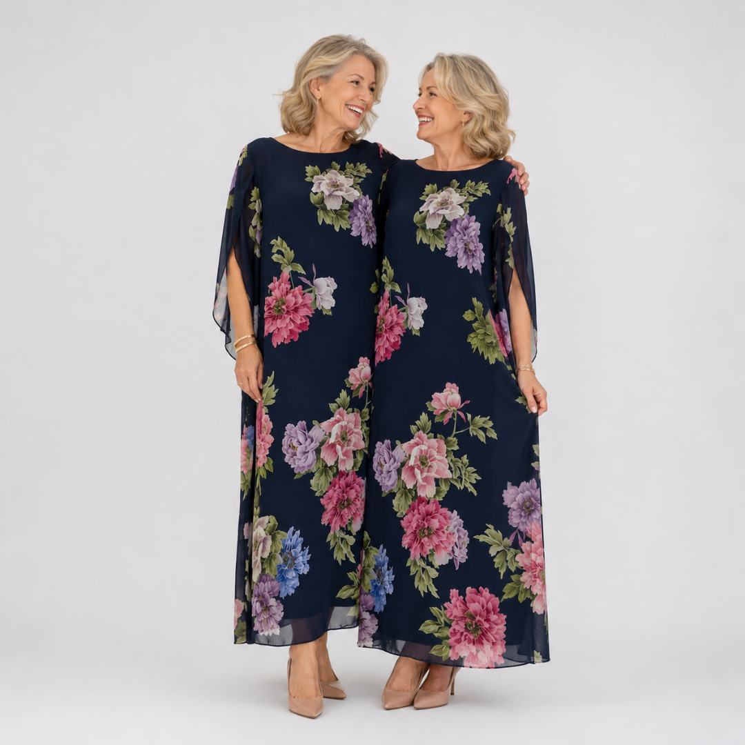 Floral Round Neck Chiffon Cape Overlay Maxi Dress 2