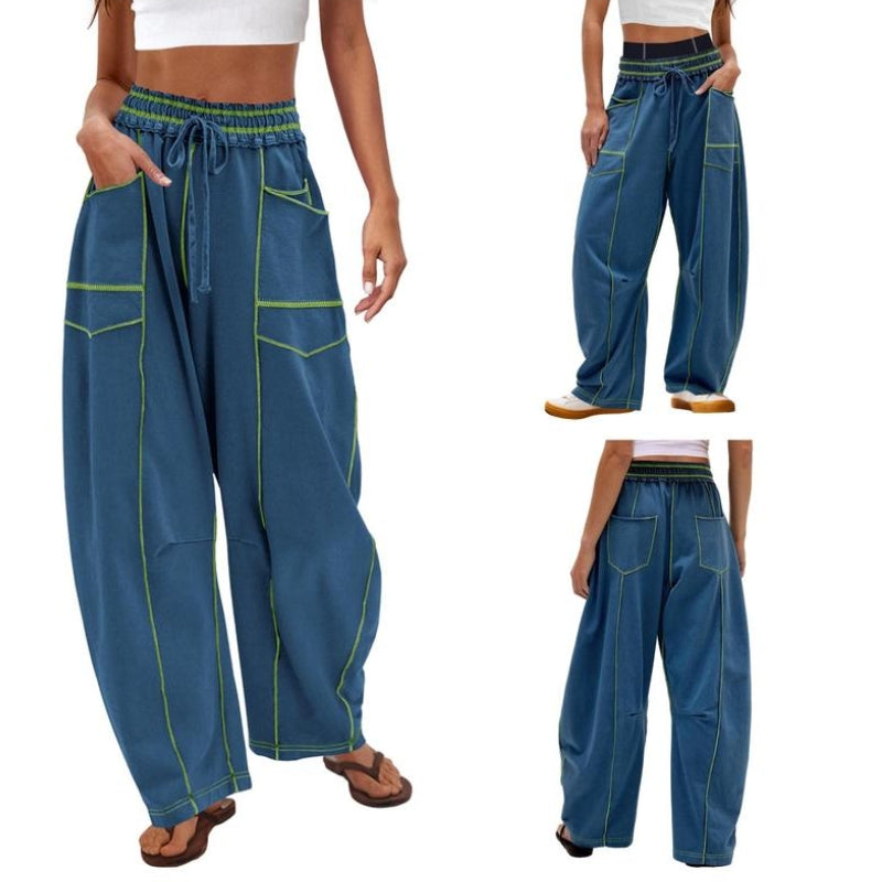 High Waist Drawstring Contrast Stitch Wide Leg Pants 6