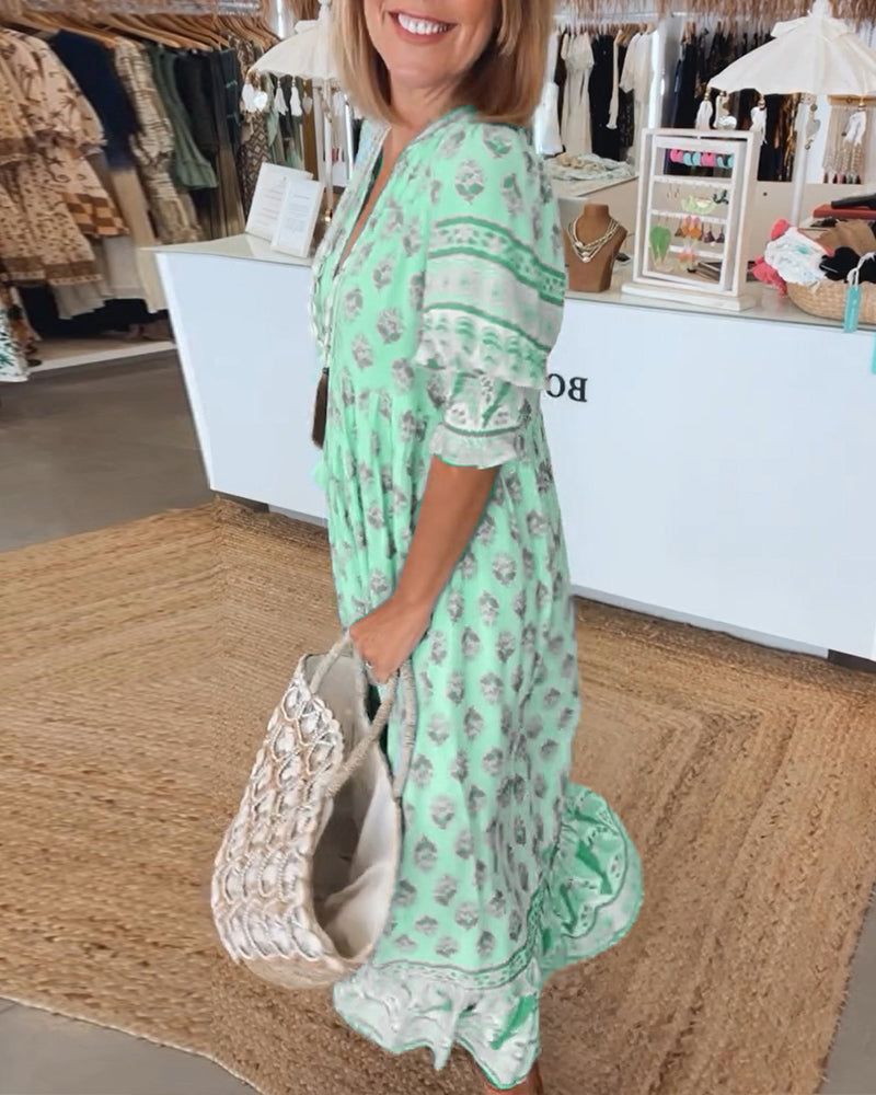 Printed V-Neck Ruffle Short Sleeve Tiered Maxi Dress 8