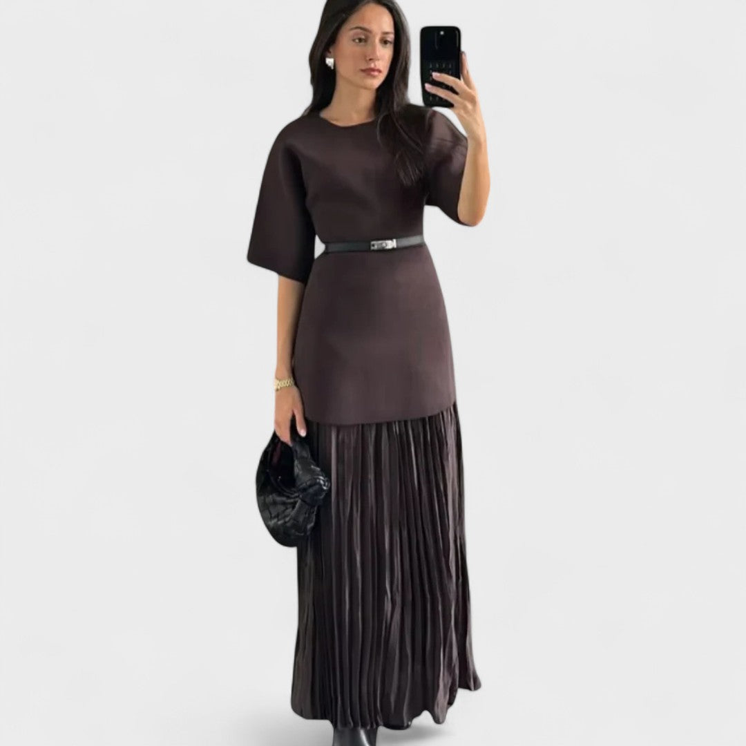 Short Sleeve Belted Pleated Maxi Dress