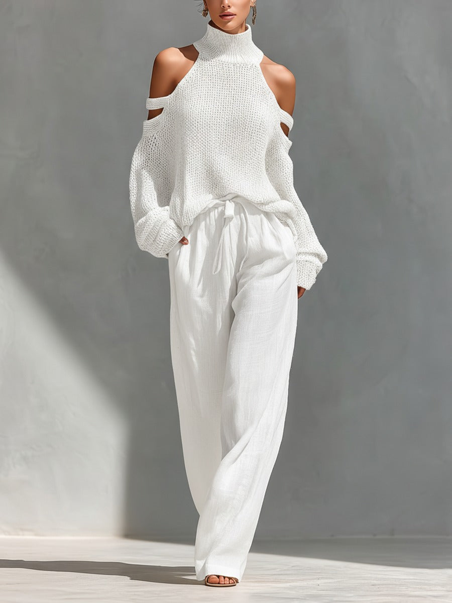 Cold Shoulder Turtleneck Knit Sweater and Wide Leg Pants Two Piece Set 4